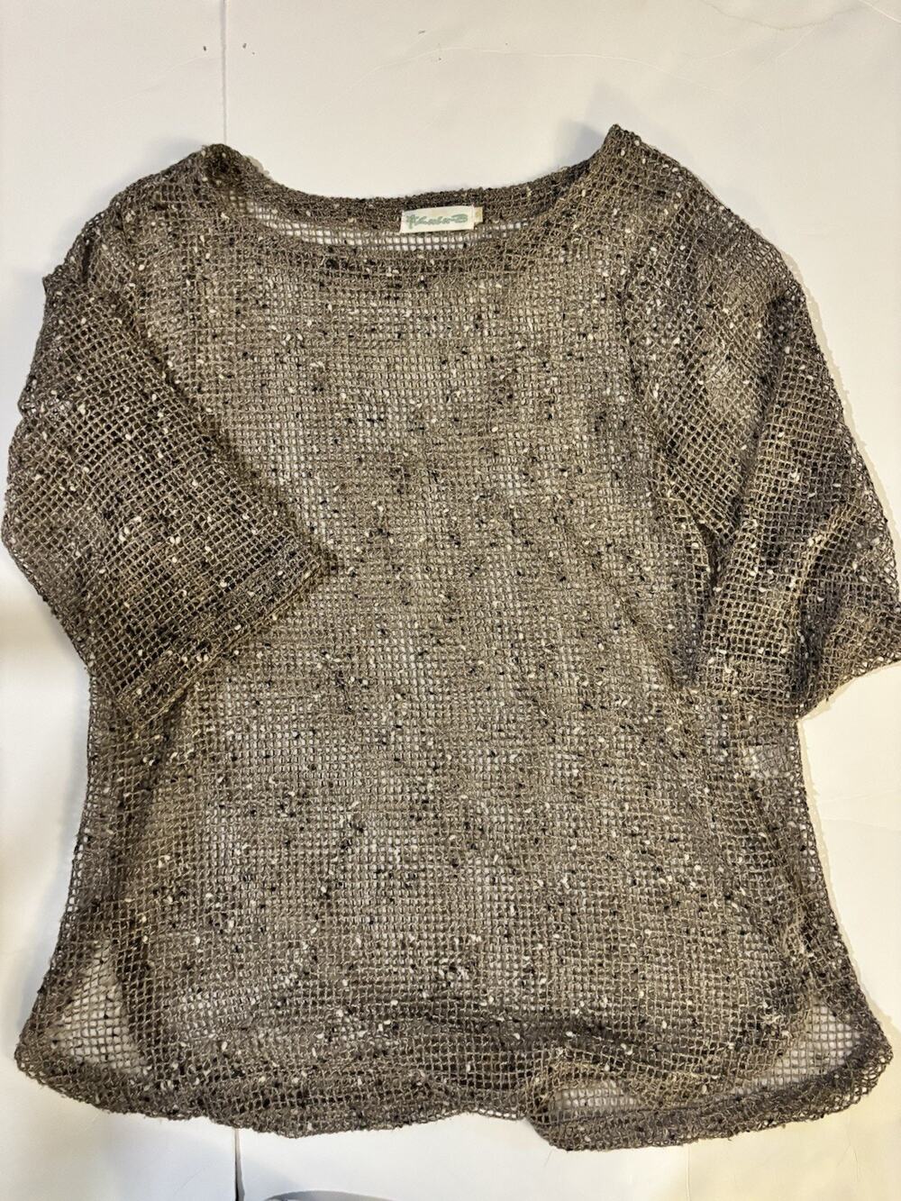 Lulu-B Womens Swimsuit Cover Up Small Brown Mesh 3/4 Sleeves Open Weave Pullover